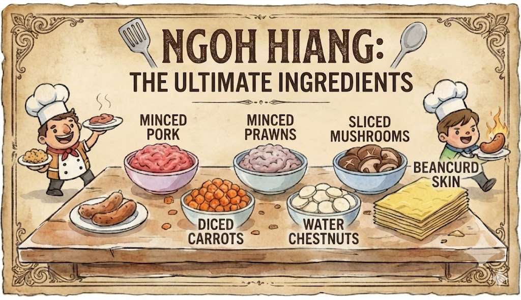 Ngoh Hiang: The Ultimate Ingredients, featuring minced pork, minced prawns, sliced mushrooms, diced carrots, water chestnuts, and beancurd skin.