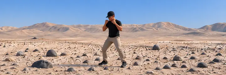 Concept illustration, not a dataset sample: a person with their guard up in a daylight desert.