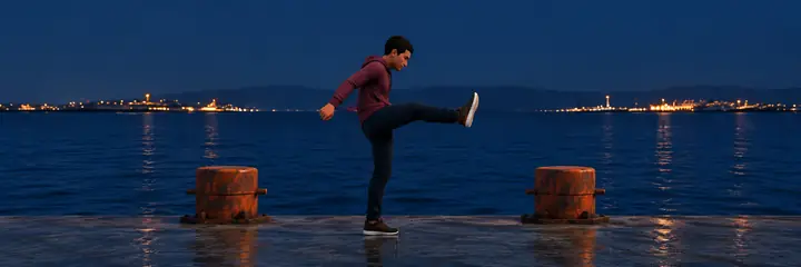 Concept illustration, not a dataset sample: a person kicking on a wharf at night.